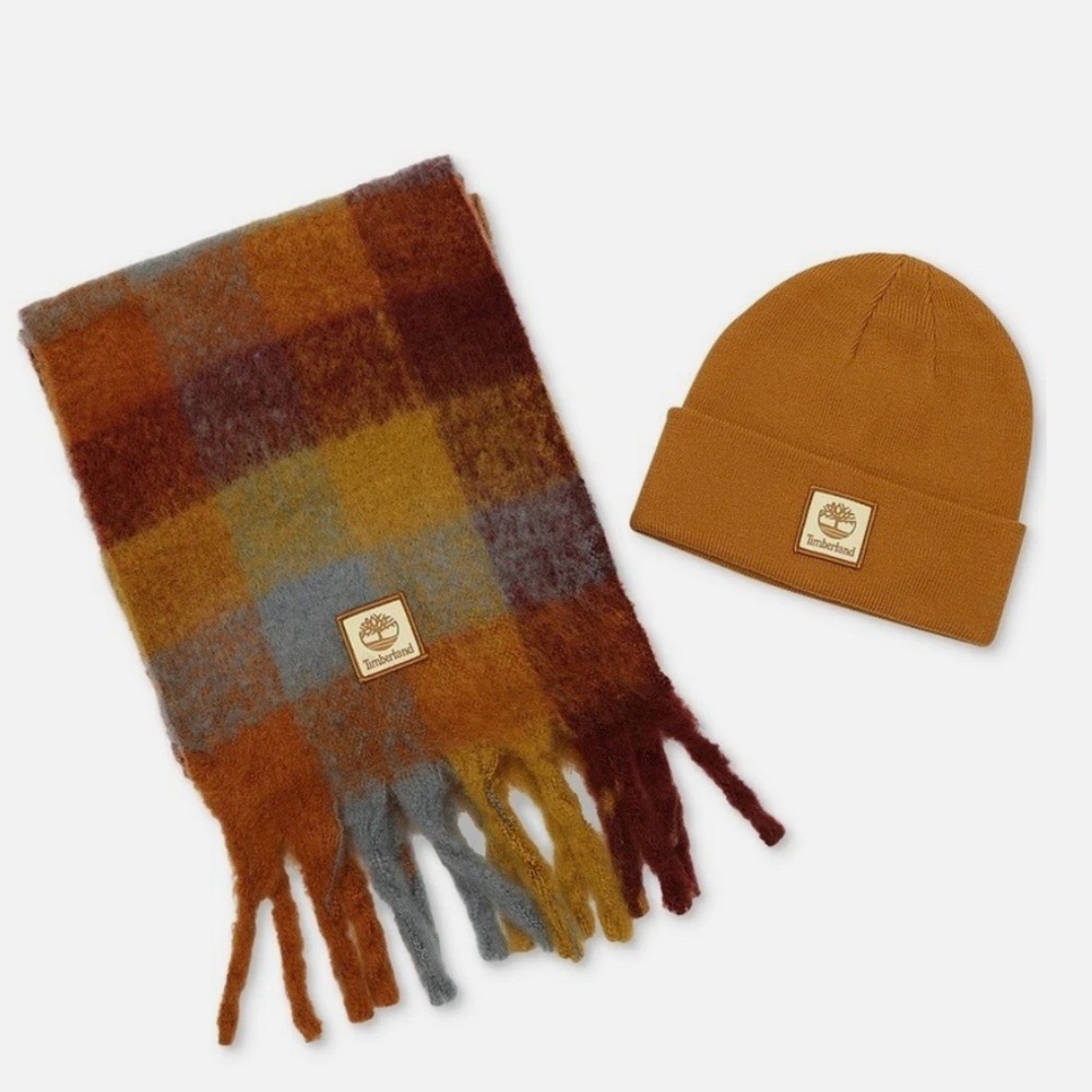 Timberland Mustard Plaid Scarf and Mustard Beanie Set NWOT